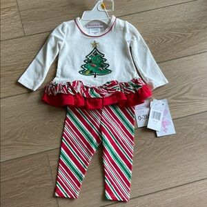 NWT Bonnie Baby Christmas Outfit Festive Tree Top with striped leggings 0-3M